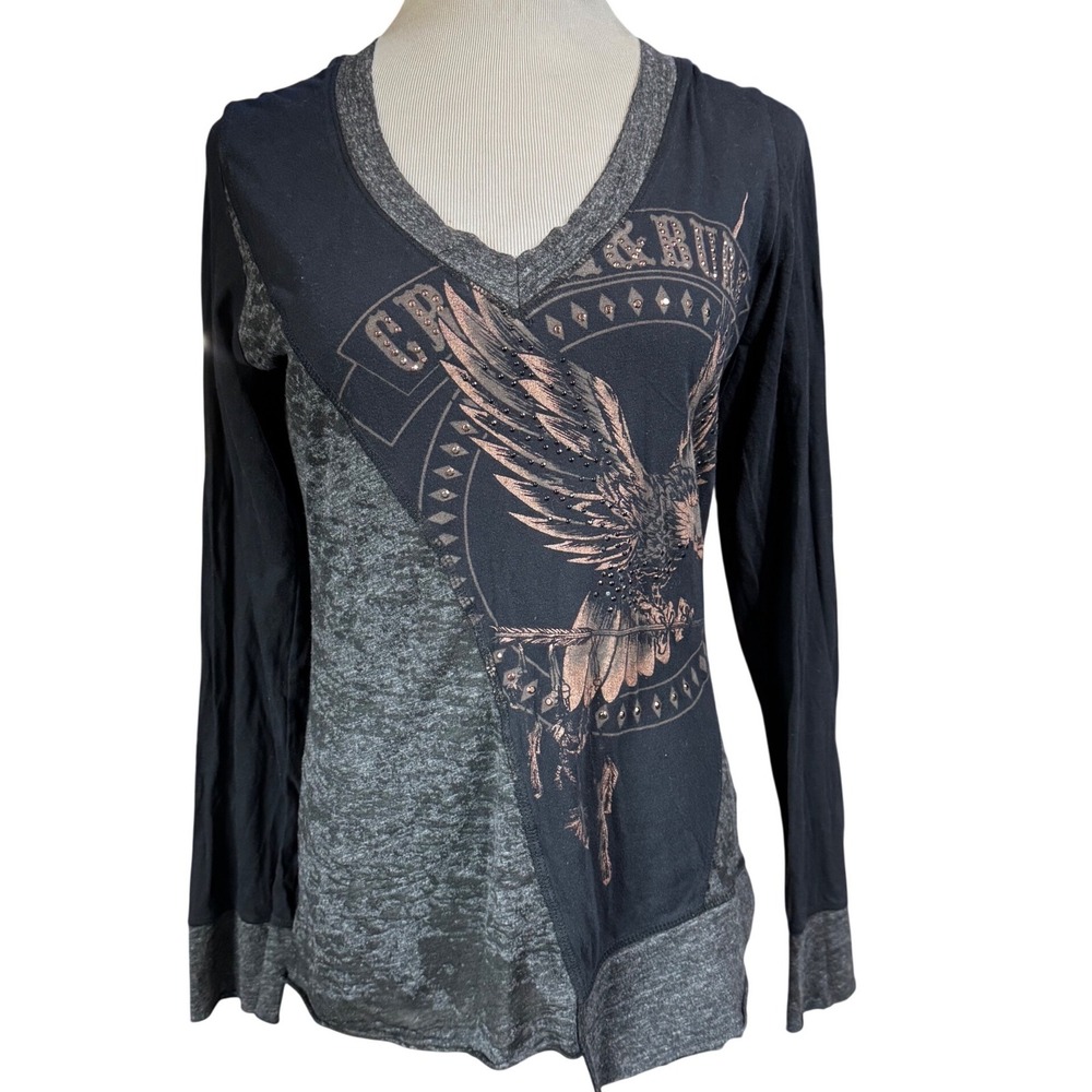 Crash & Burn Graphic Top Women Large Eagle Rhinestone Long Sleeve Black Gray USA